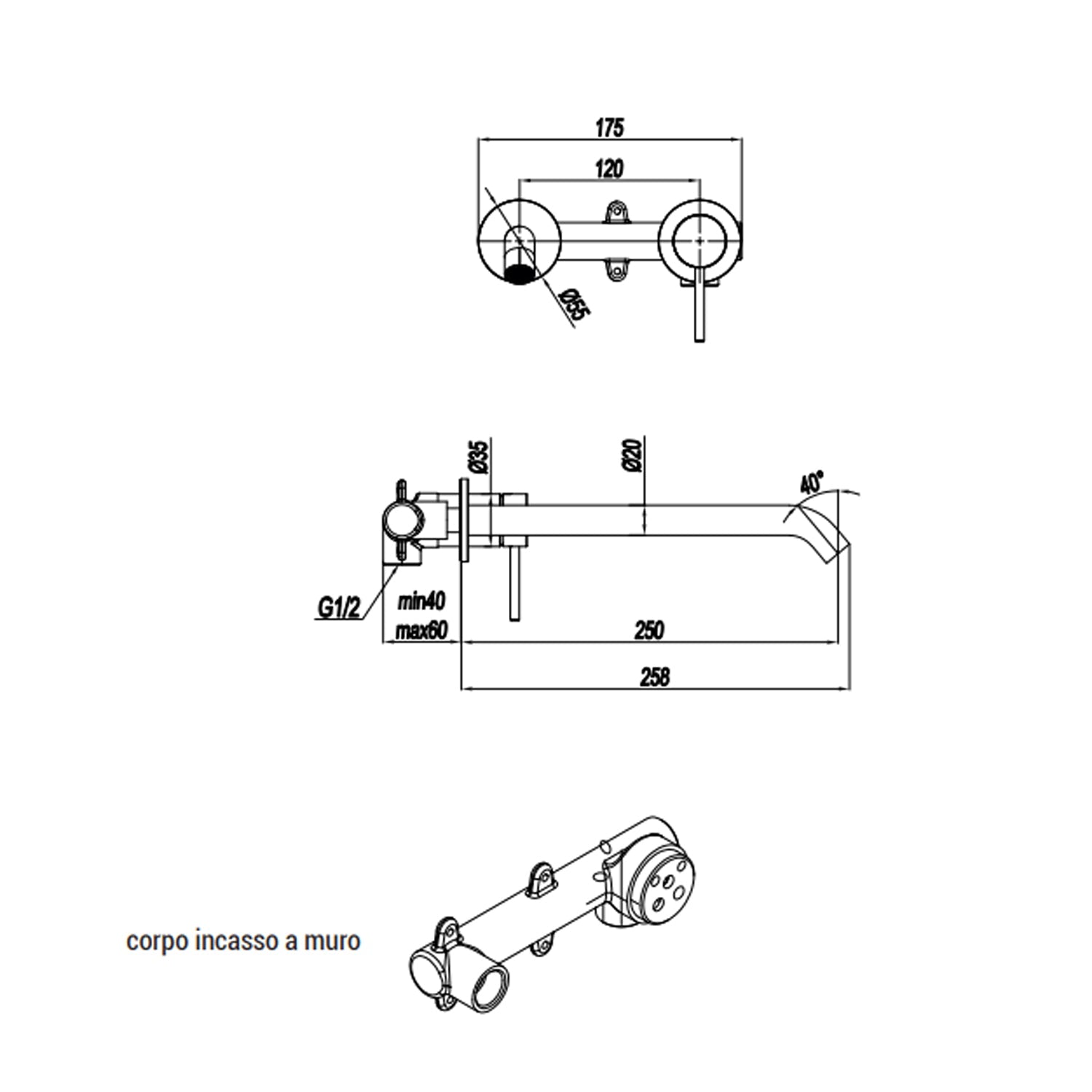  Miscelatore monocomando lavabo murale RubiFlux serie Regal canna 25 cm - Nero Opaco by CeramicStore | Lo specialista del tuo bagno