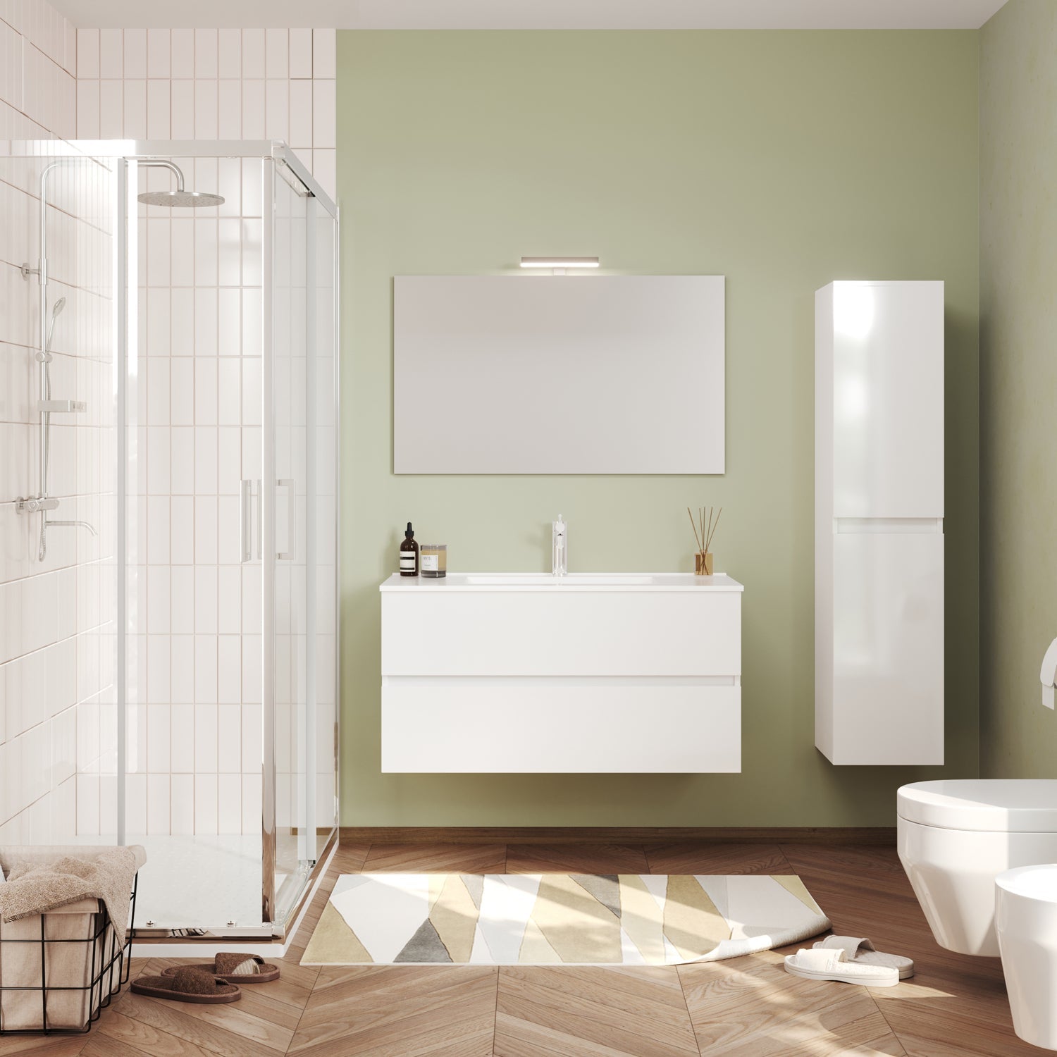  Mobile bagno con lavabo in ceramica specchio e lampada cm 90 colore Bianco Lucido- Cubi&Co modello Symmetry Classic 3 by CeramicStore | Lo specialista del tuo bagno
