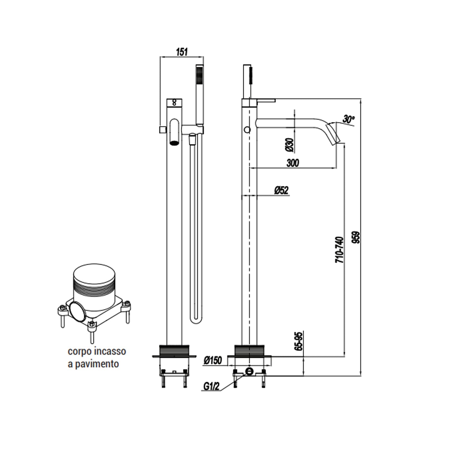  Miscelatore monocomando per vasca centro stanza con kit doccino RubiFlux serie Regal - Satinato by CeramicStore | Lo specialista del tuo bagno