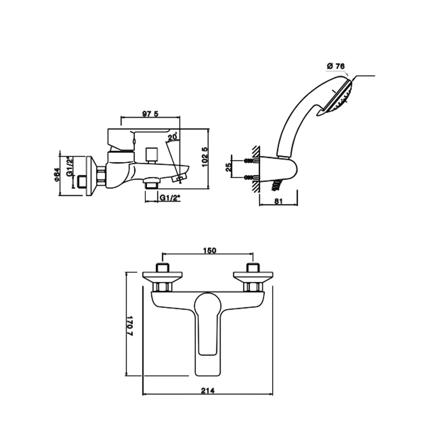  Miscelatore monocomando per vasca con kit doccino RubiFlux serie Kyros - Cromo by CeramicStore | Lo specialista del tuo bagno