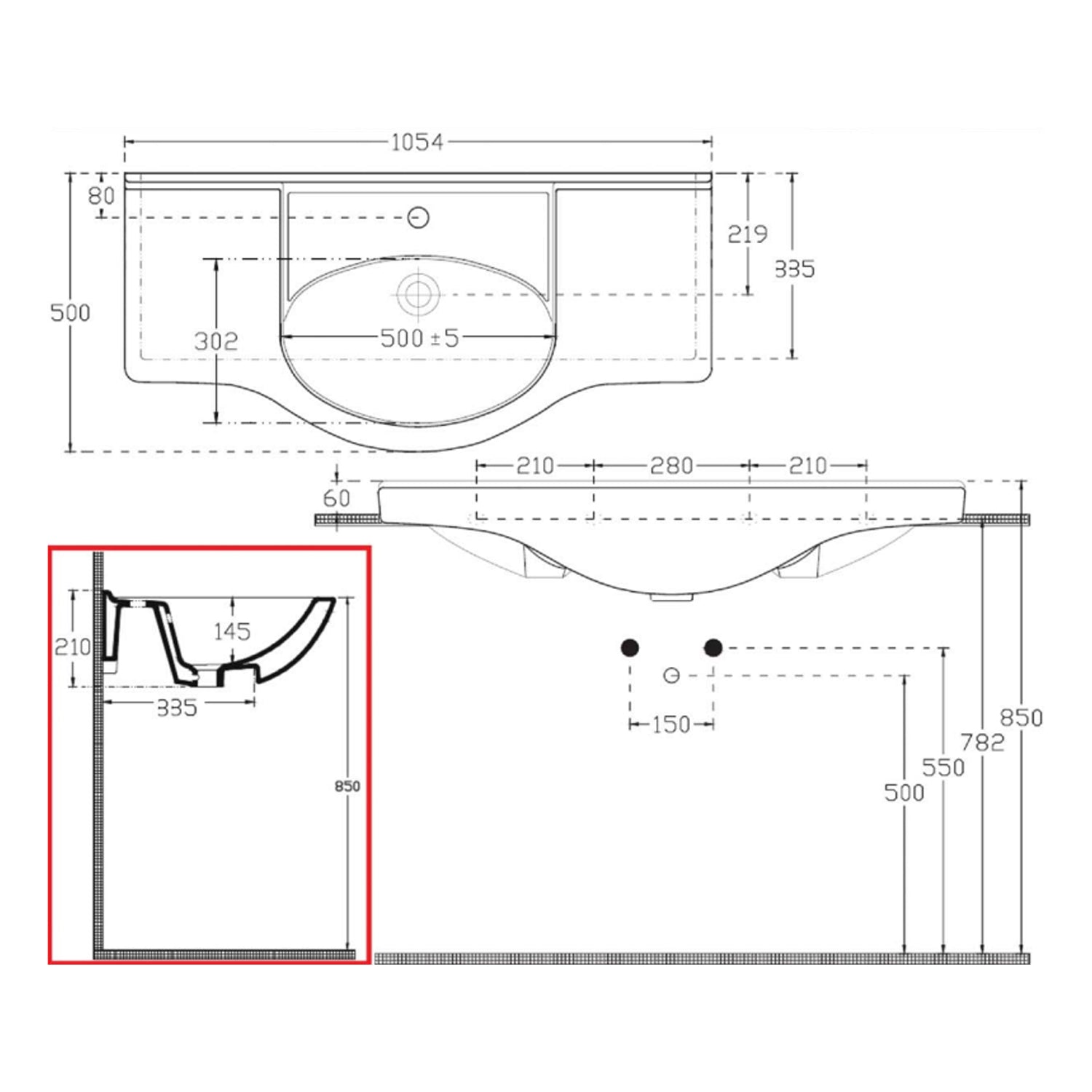 Lavabo consolle per mobile bagno con troppo pieno e foro rubinetto BathCore cm 105x50 2