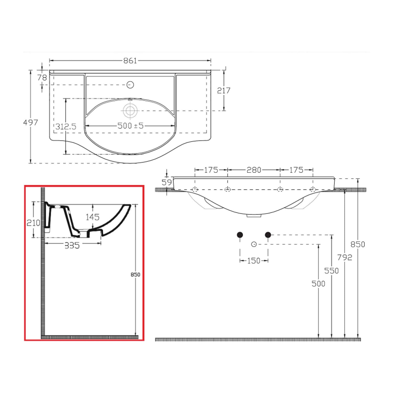 Lavabo consolle per mobile bagno con troppo pieno e foro rubinetto BathCore cm 85x50 2