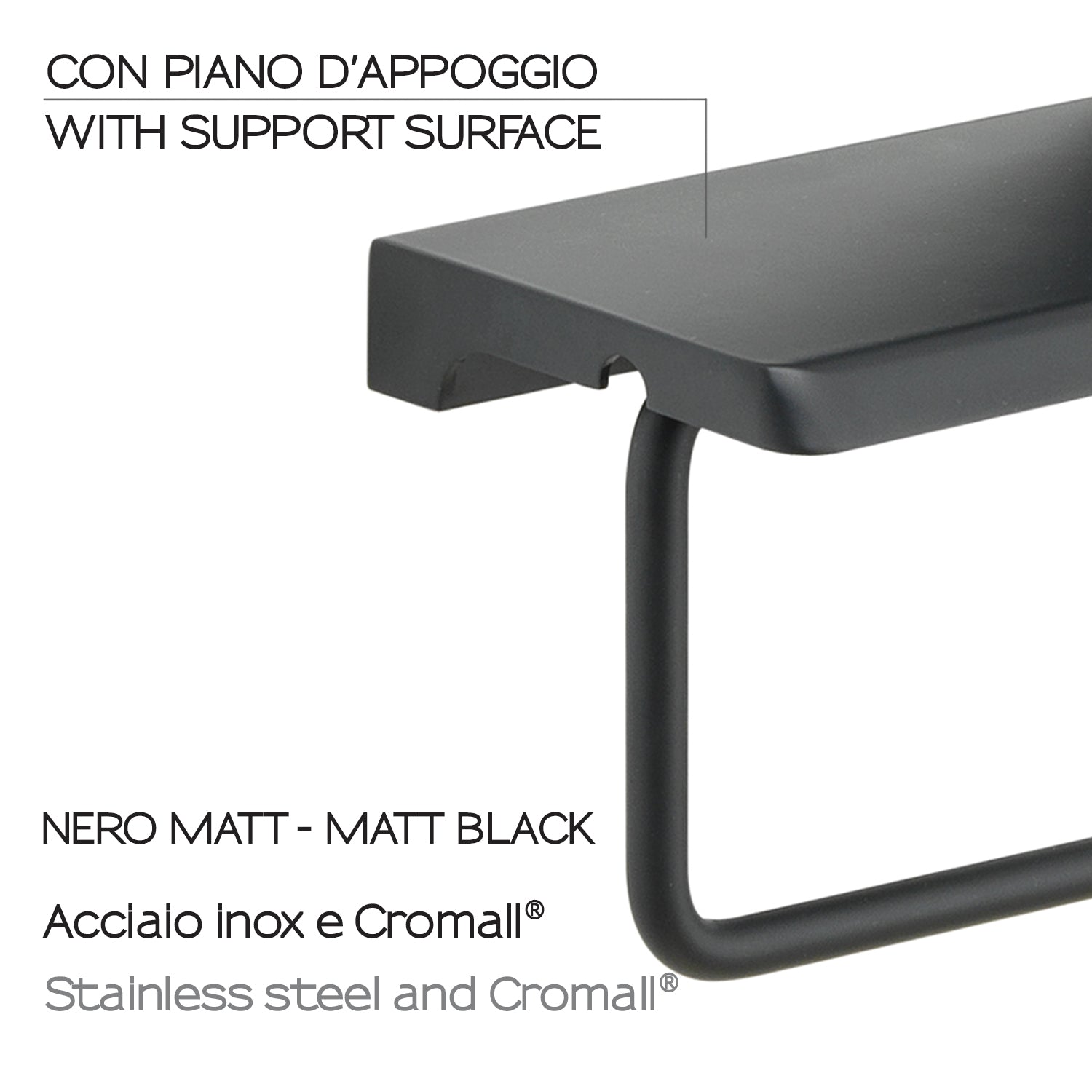  Porta rotolo a muro con piano d'appoggio di Gedy in acciaio inox - Nero Matt