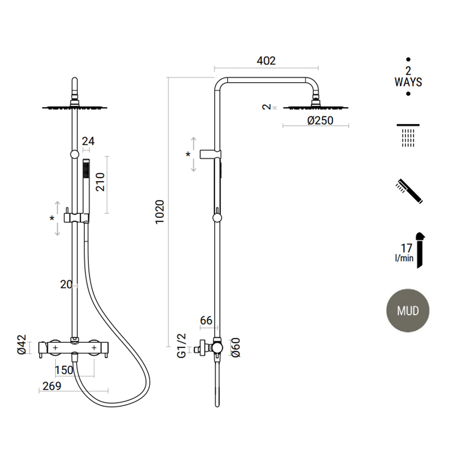 Colonna Doccia RubiFlux Idra con miscelatore termostatico e soffione tondo ø 25 cm - Grigio Fango 2