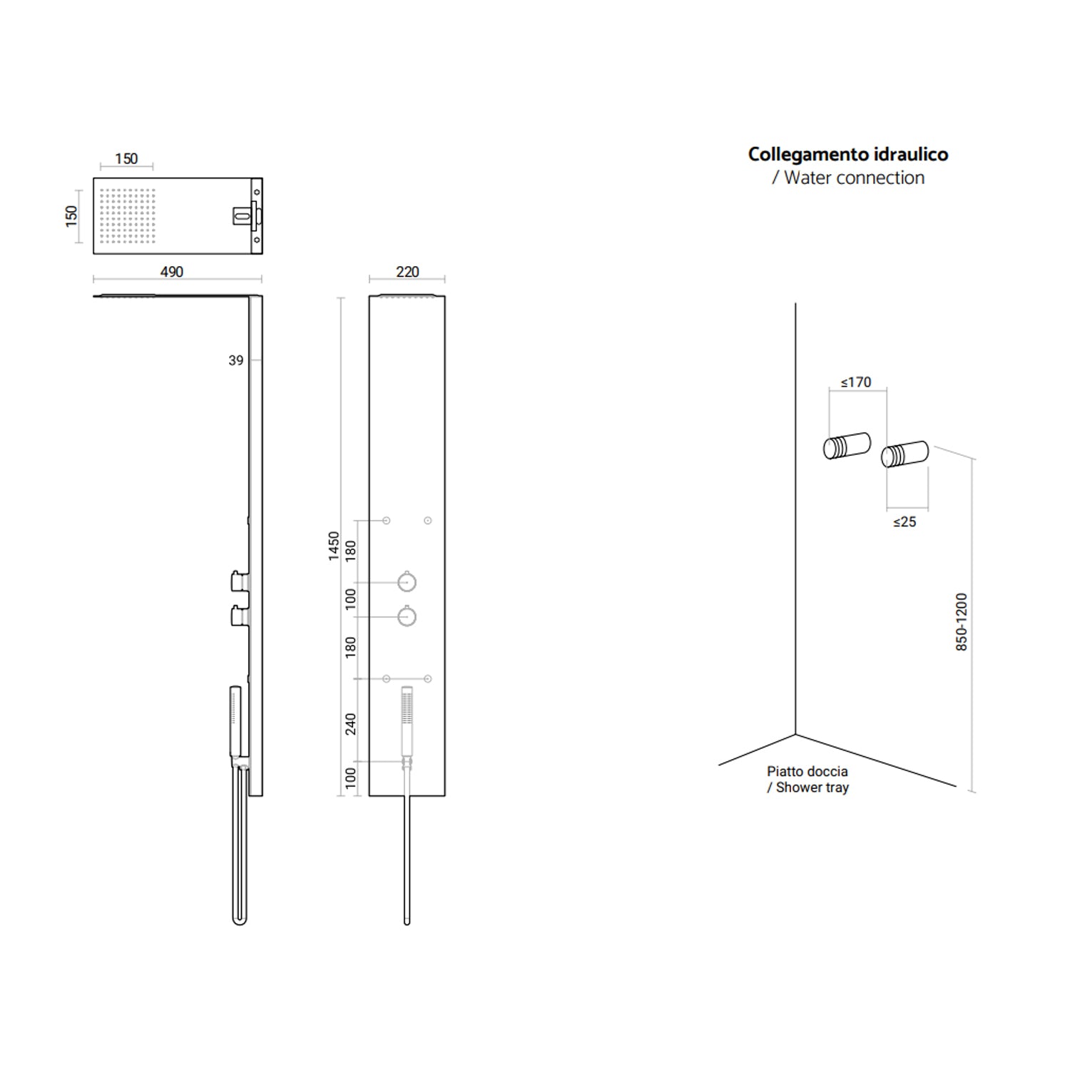 Pannello doccia multifunzionale DocciaGo Paris 145x49 cm acciaio spazzolato - Grigio Fango 2
