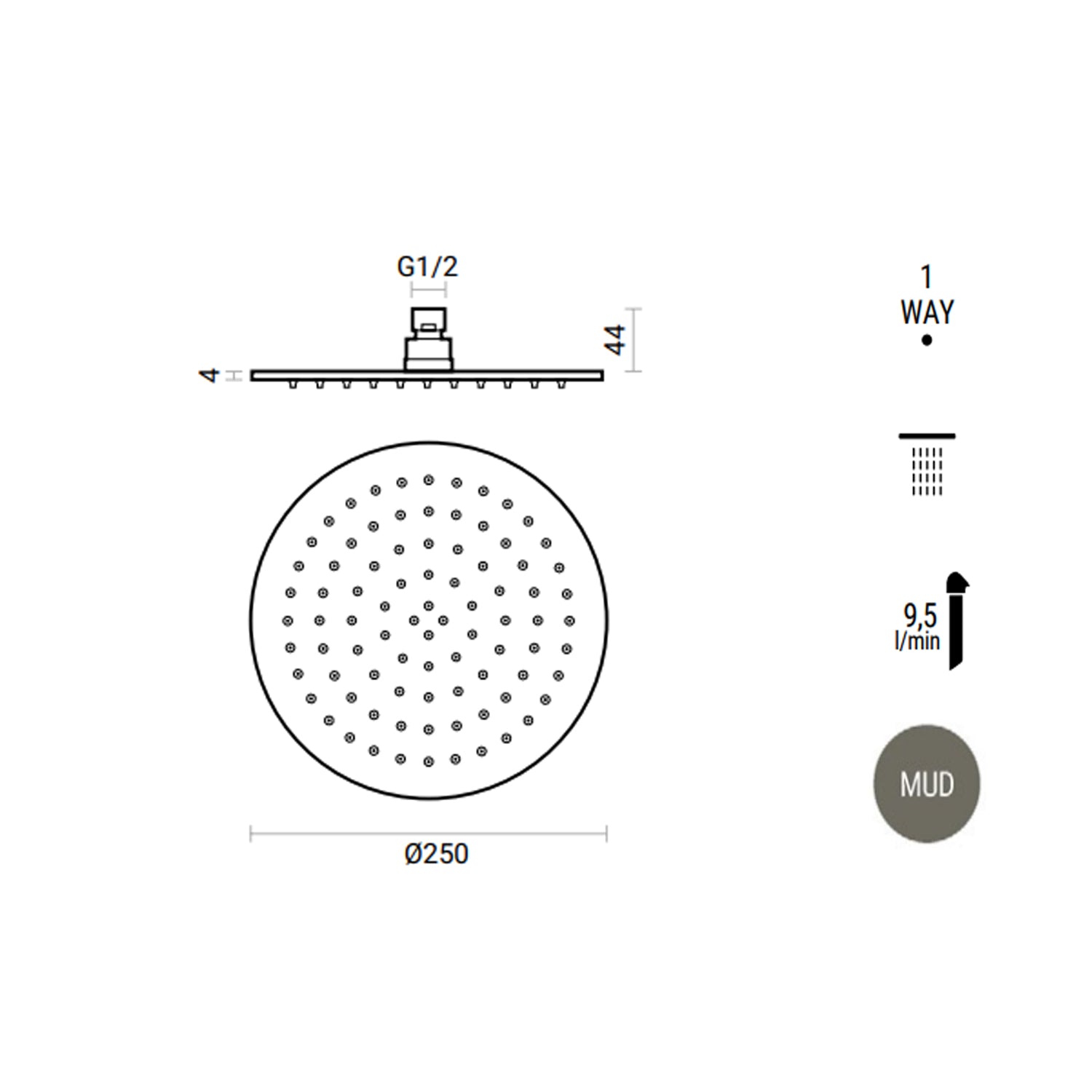 Soffione doccia rotondo ø25 cm RubiFlux con getti anticalcare in silicone - Grigio Fango 2