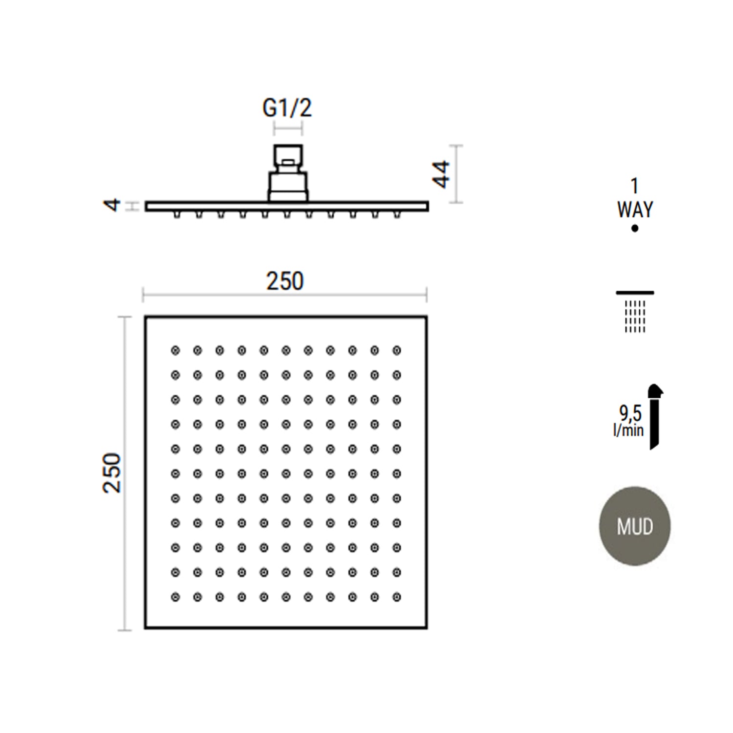 Soffione doccia quadrato 25x25 con getti anticalcare in silicone RubiFlux - Grigio Fango 3