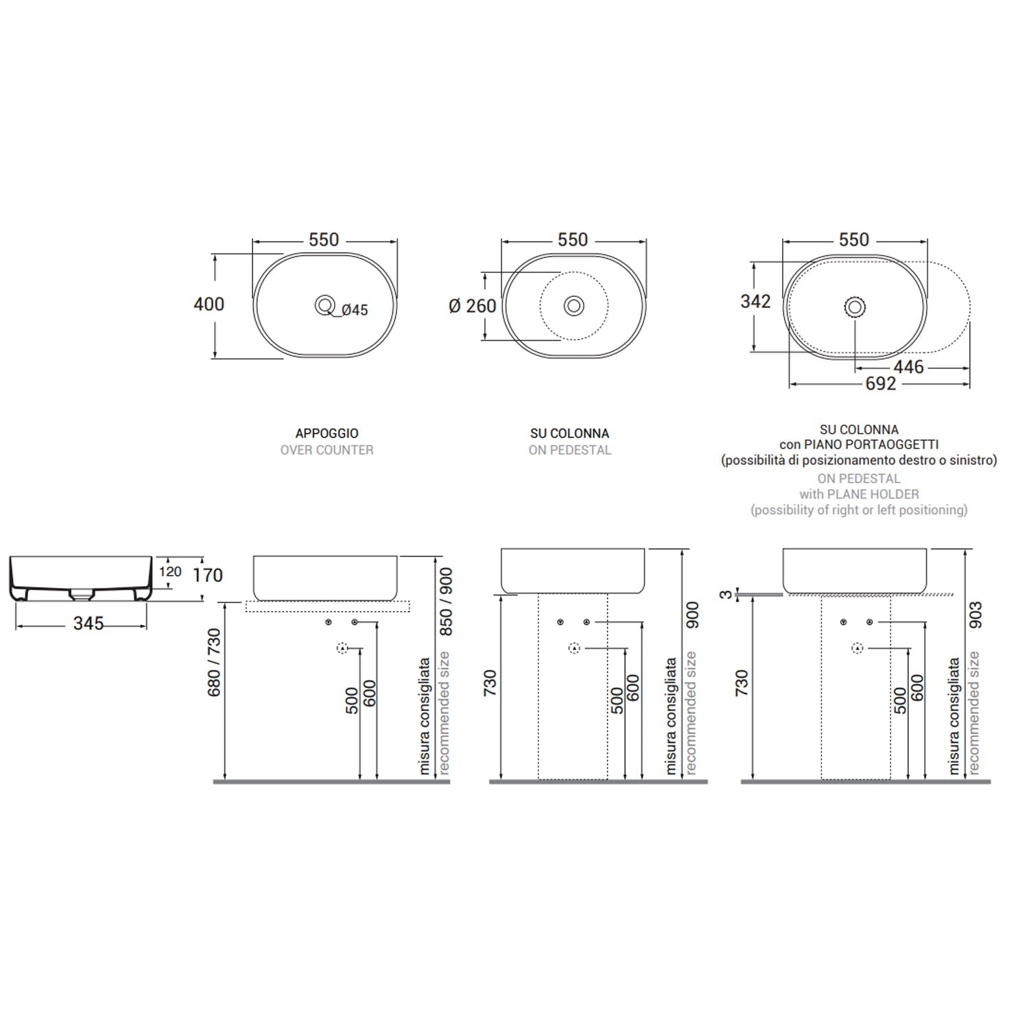  Lavabo rotondo Azzurra serie Aurea 55x40x17 cm - Bianco lucido