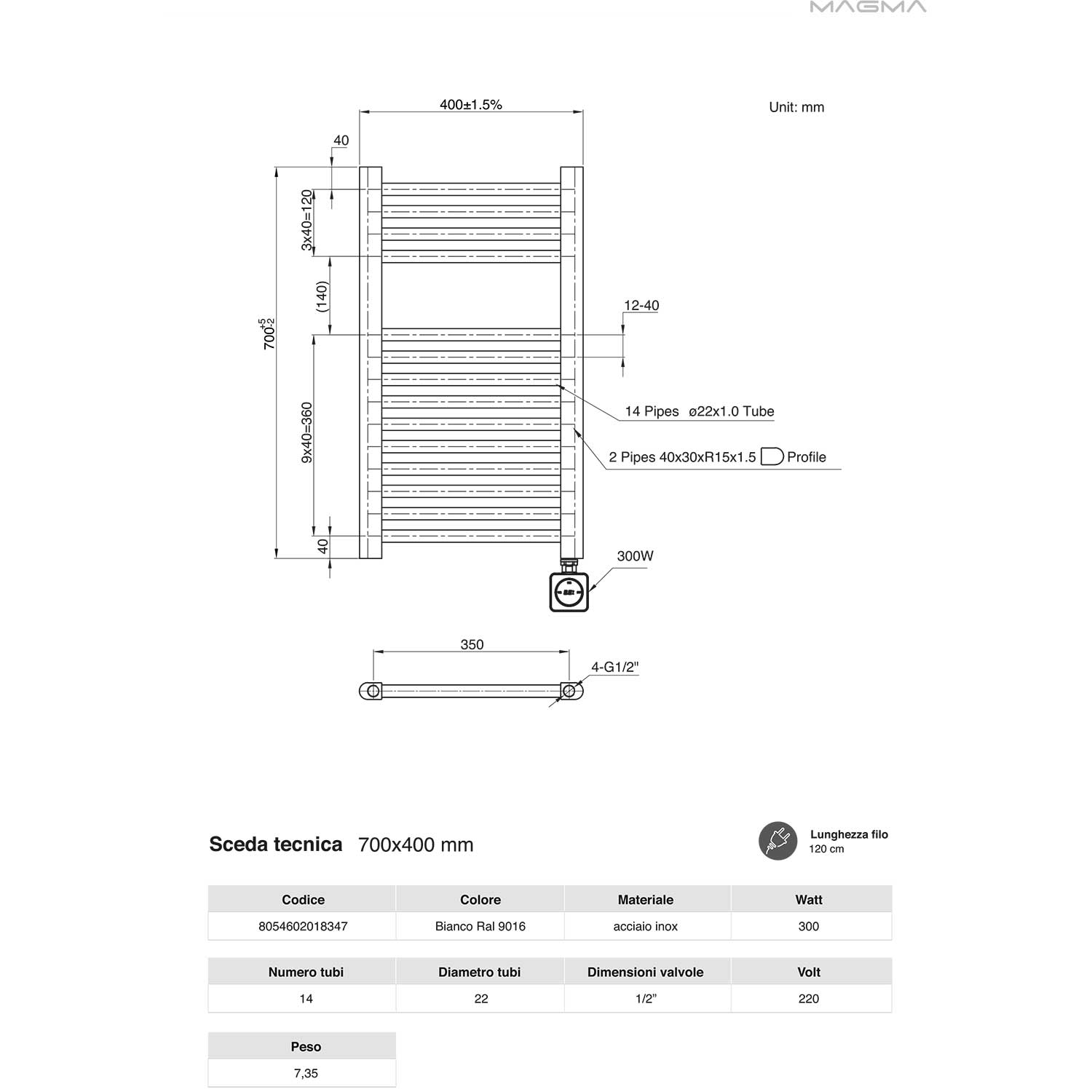  Termoarredo scaldasalviette da bagno elettrico con Termostato Digitale 700x400 con potenza di 300 Watt Collezione vialis Nuova Generazione BASSO CONSUMO by CeramicStore | Lo specialista del tuo bagno
