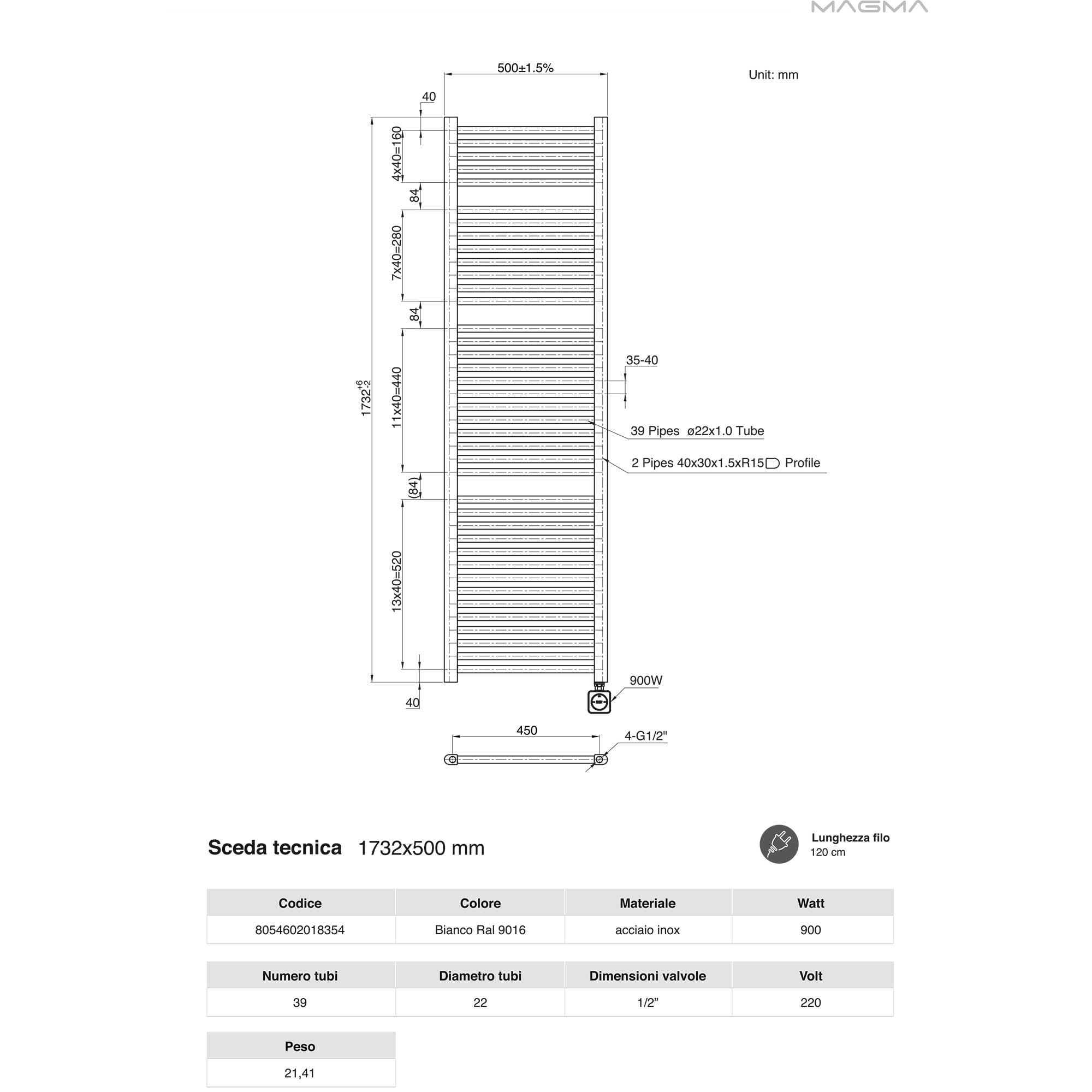  Termoarredo scaldasalviette da bagno elettrico con Termostato Digitale 1730x500 con potenza di 900Watt Collezione Vialis Nuova Generazione BASSO CONSUMO by CeramicStore | Lo specialista del tuo bagno