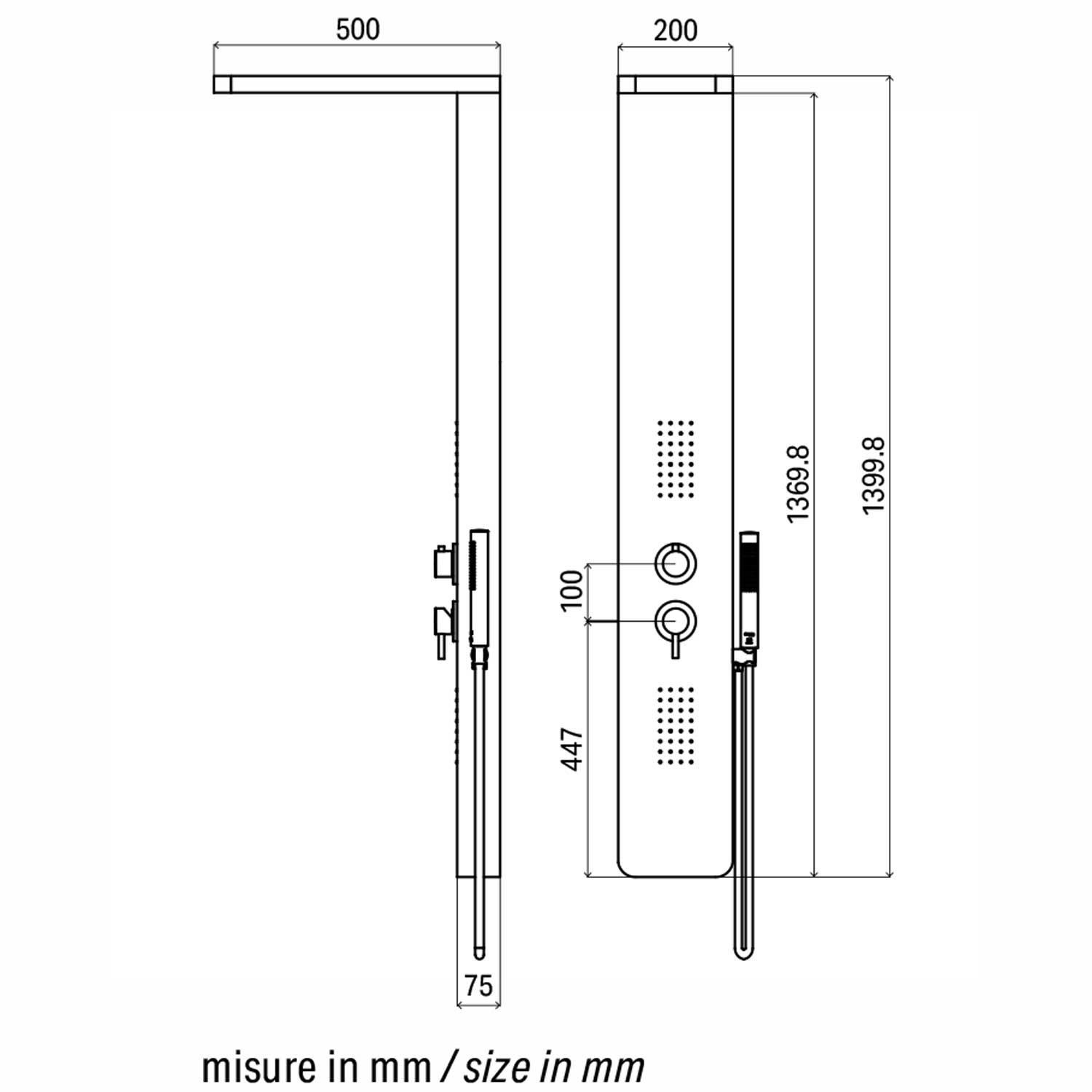 Pannello doccia idromassaggio a cascata Monte Baldo in alluminio verniciato nero. Miiscelatore incasso 4 vie 5