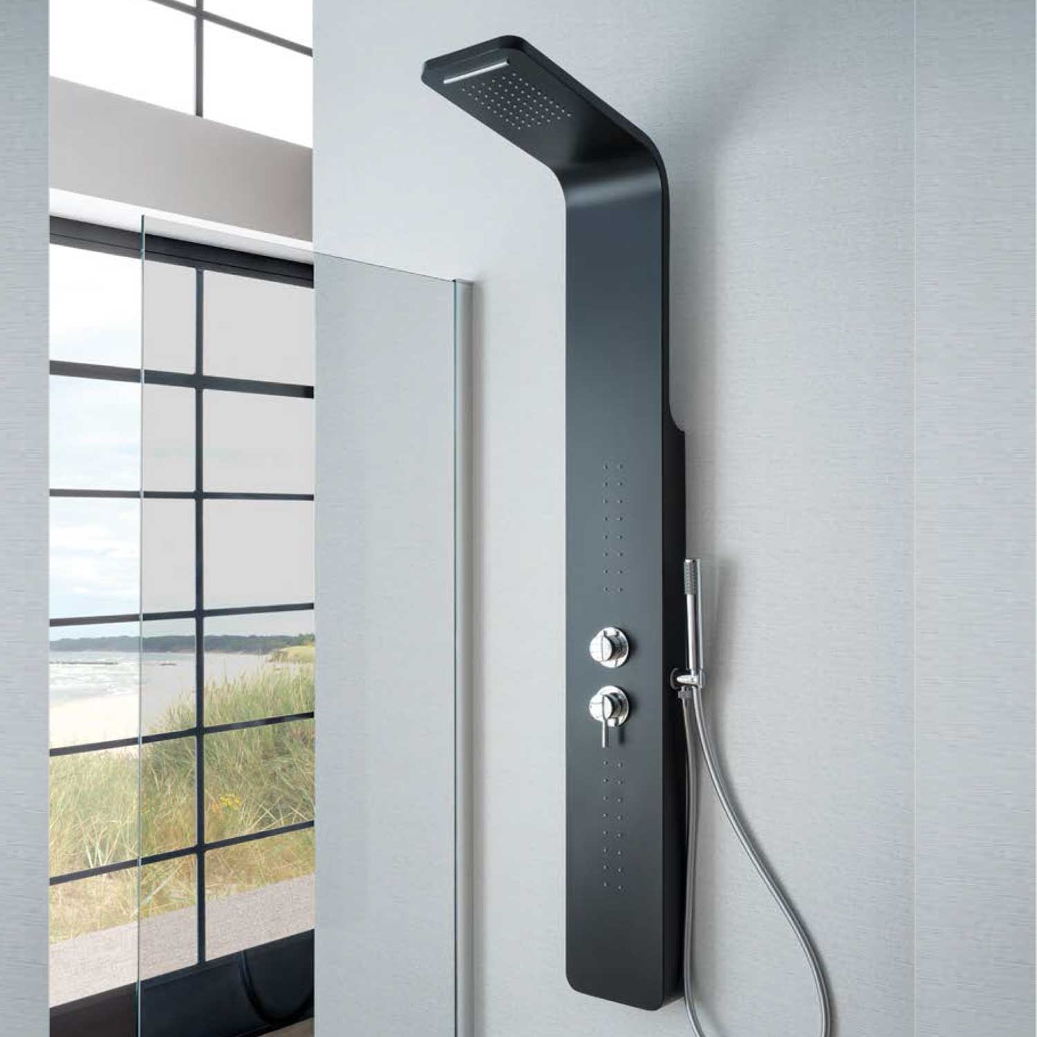 Pannello doccia idromassaggio Sassolungo in alluminio nero con cascata. Miscelatore incasso 4 vie
