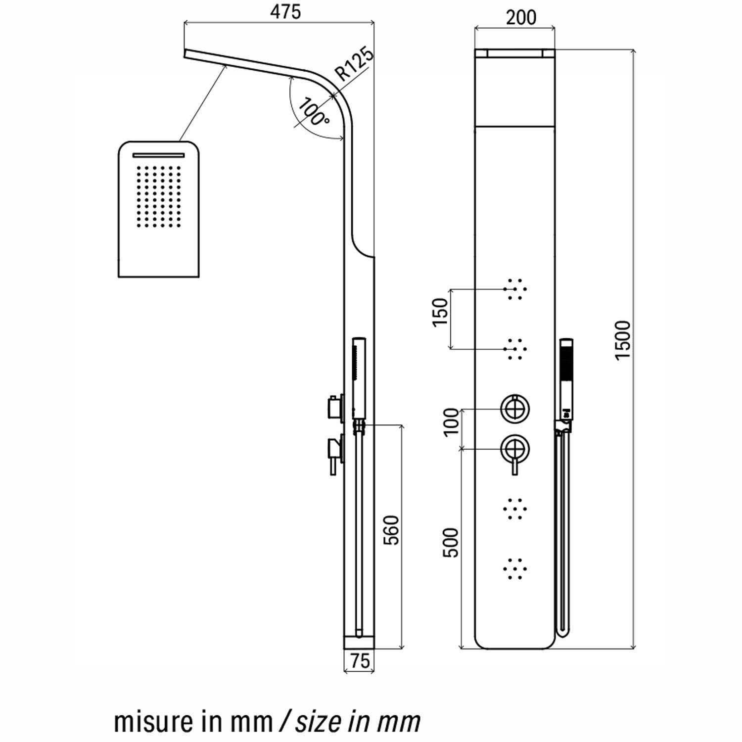 Pannello doccia idromassaggio Sassolungo in alluminio nero con cascata. Miscelatore incasso 4 vie 3