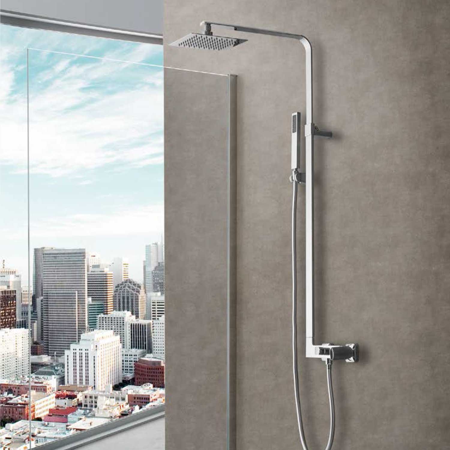 Colonna doccia telescopica Dubai in ottone. Miscelatore, deviatore e soffione 20x20 cm