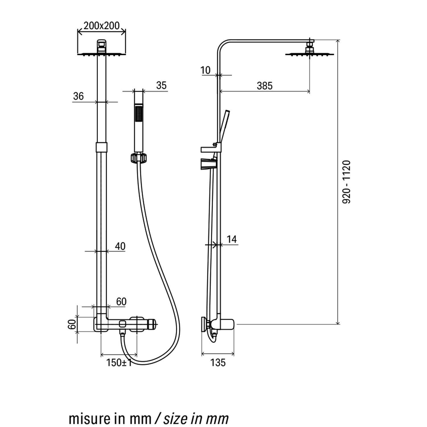 Colonna doccia telescopica Dubai in ottone. Miscelatore, deviatore e soffione 20x20 cm 2