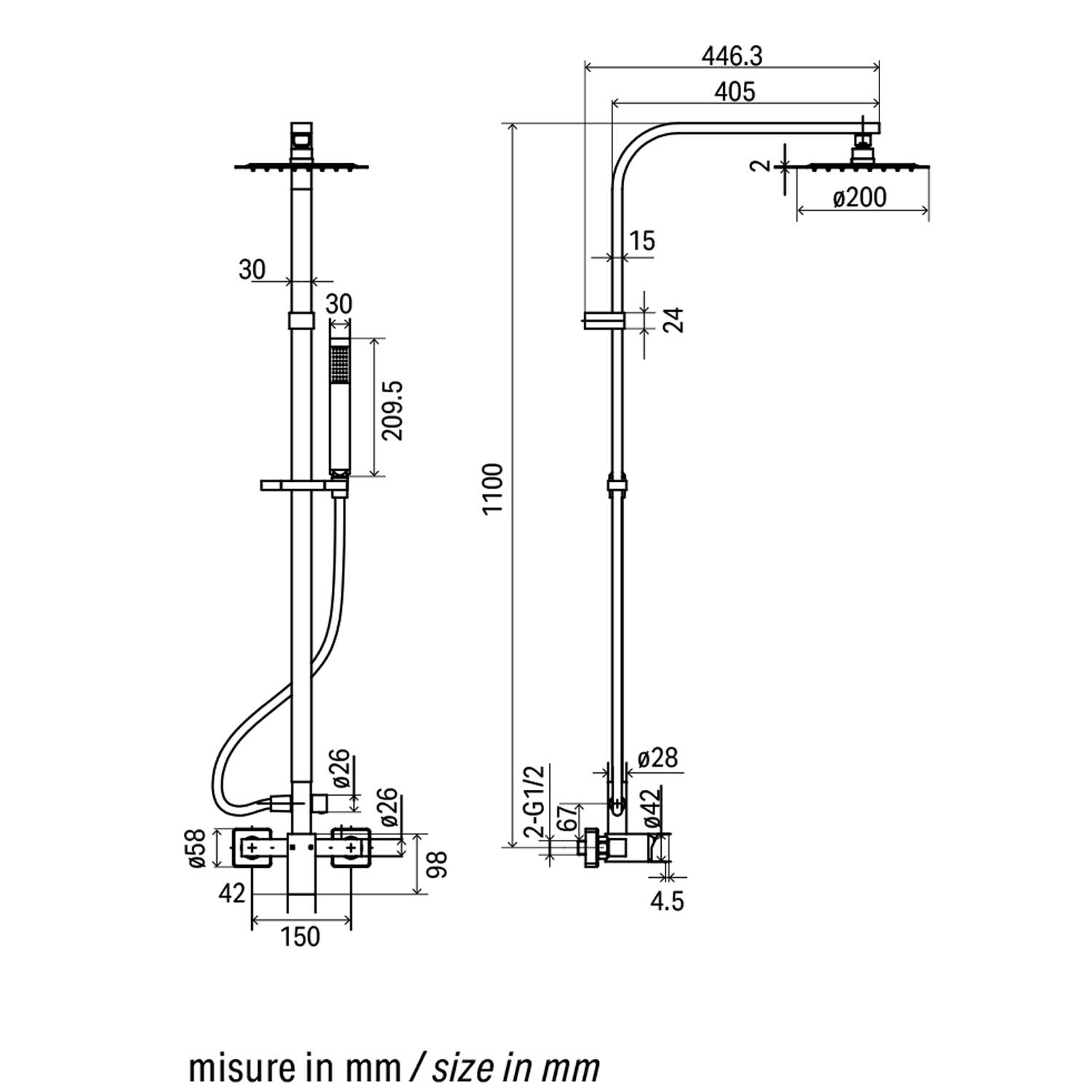 Colonna doccia Madrid in ottone: interasse regolabile, soffione 20x20 cm e doccia monogetto 2