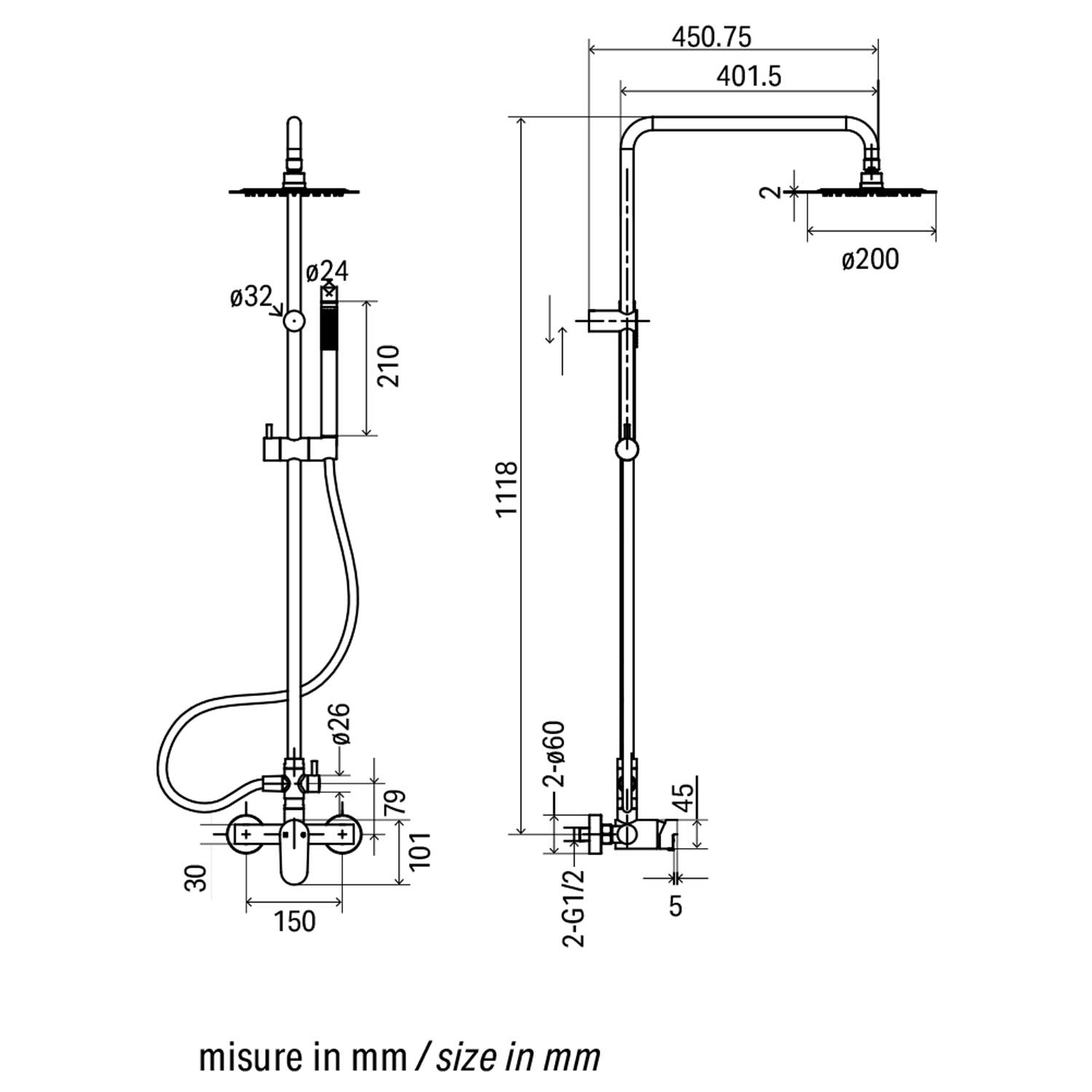 Colonna doccia in ottone Londra: interasse regolabile, flessibile 150 cm e soffione diametro 20 cm 2