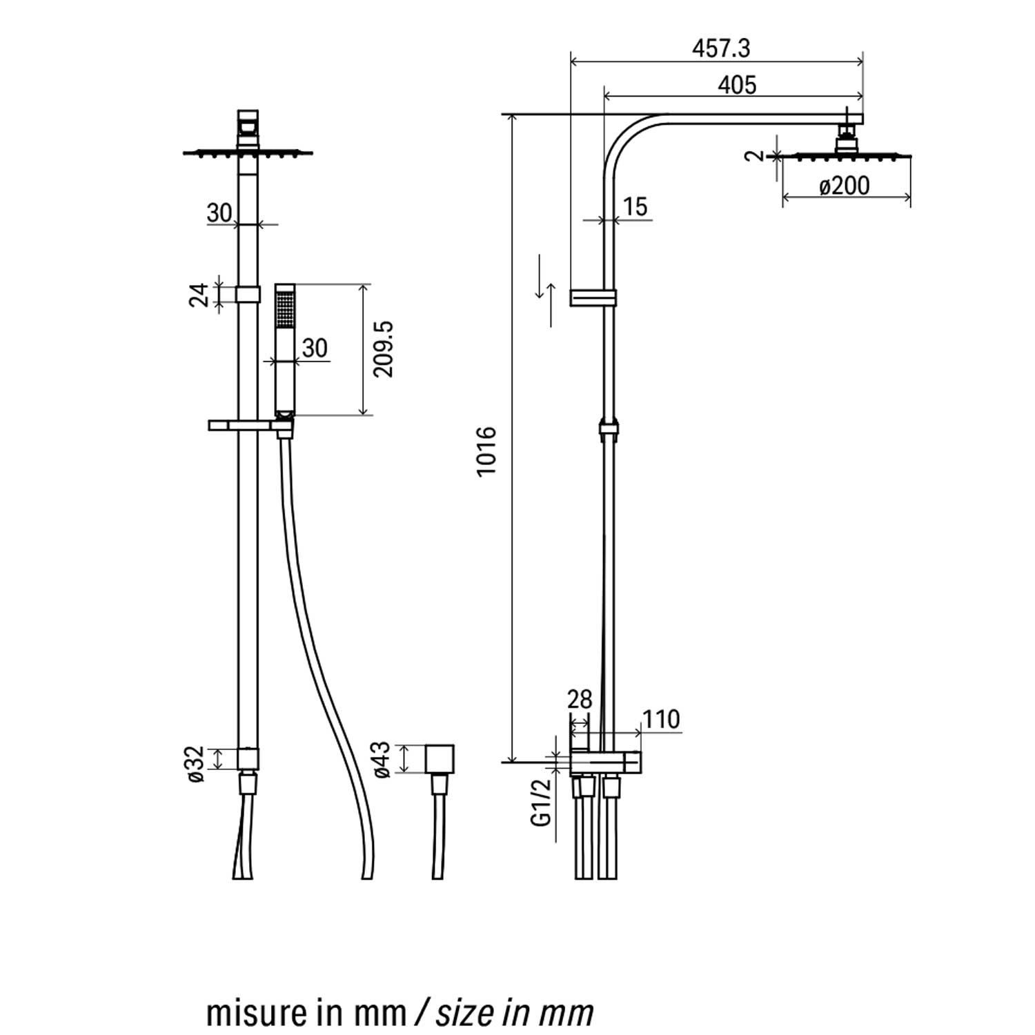 Colonna doccia in ottone Praga: con deviatore, soffione 20x20 cm, interasse regolabile 2