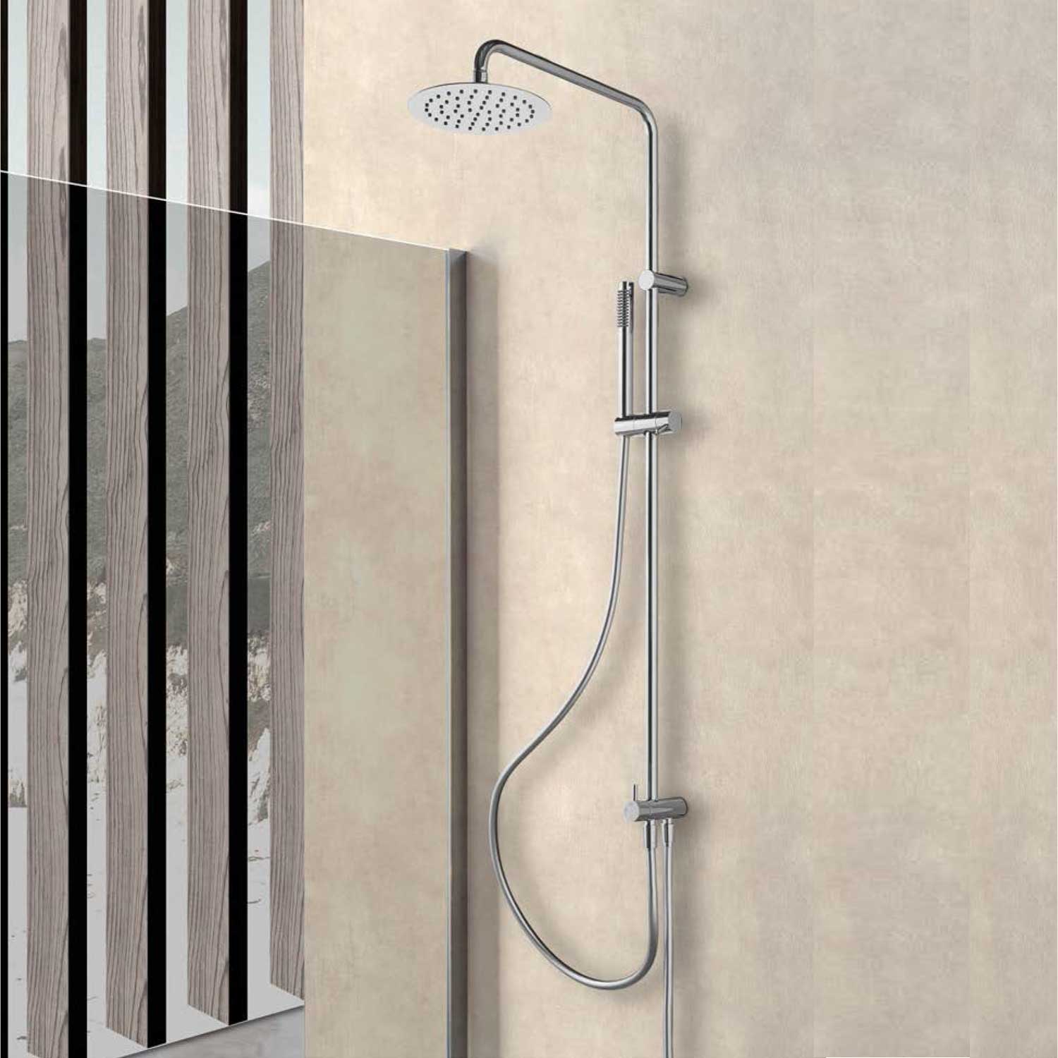 Colonna doccia in ottone Toky': con deviatore, soffione diametro 20 cm e doccia monogetto