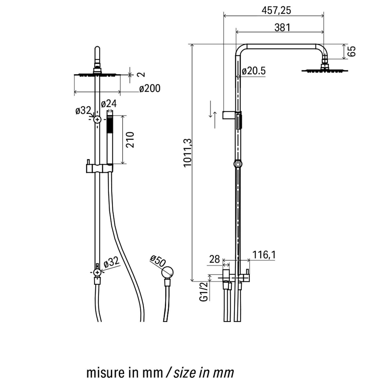 Colonna doccia in ottone Toky': con deviatore, soffione diametro 20 cm e doccia monogetto 2
