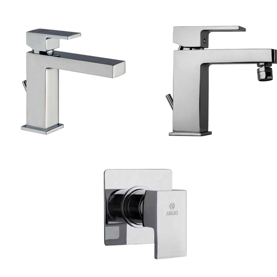 Set di rubinetti quadrati per lavandino e bidet e doccia finitura cromata collezione More di Argo Rubinetterie