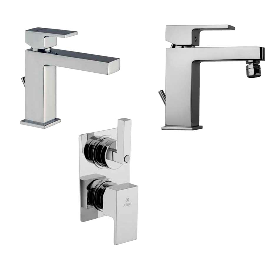 Set di Set di rubinetti quadrati per lavandino e bidet e doccia con deviatore finitura cromata collezione More di Argo Rubinetterie