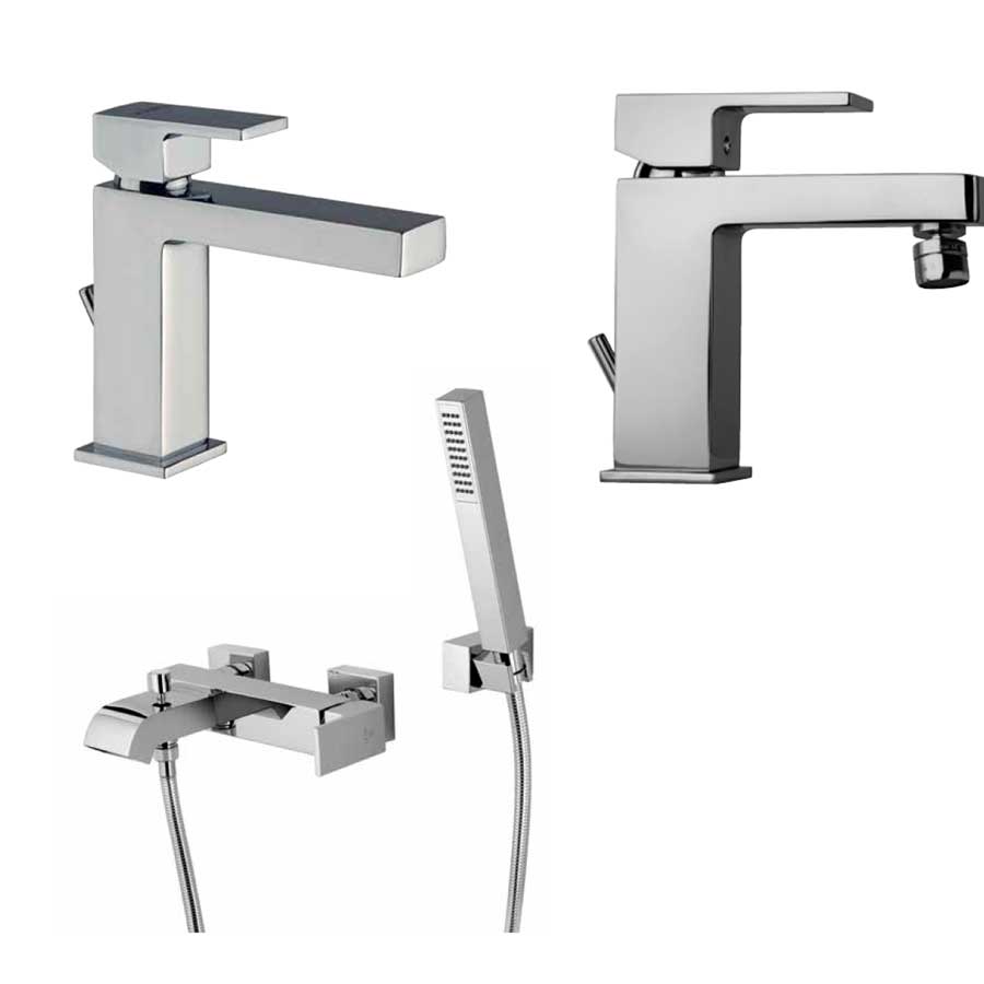 Set di rubinetti quadrati per lavandino e bidet e vasca con set Doccia finitura cromata collezione More di Argo Rubinetterie