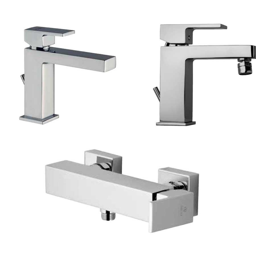 Set di rubinetti quadrati per lavabo e bidet e doccia esterno finitura cromata collezione More di Argo Rubinetterie