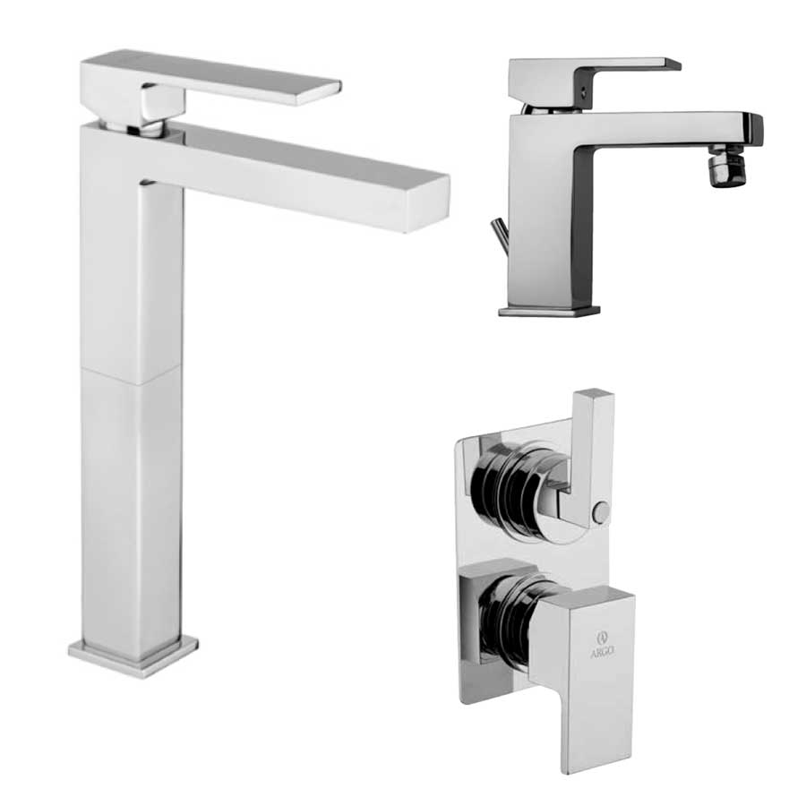 Set di rubinetti quadrati per lavandino alto e bidet e doccia con deviatore finitura cromata collezione More di Argo Rubinetterie