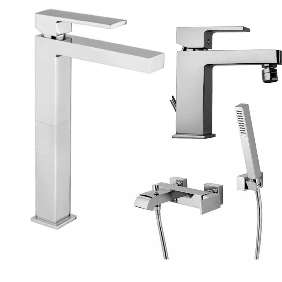 Set di rubinetti quadrati per lavandino Alto e bidet e vasca con set Doccia finitura cromata collezione More di Argo Rubinetterie