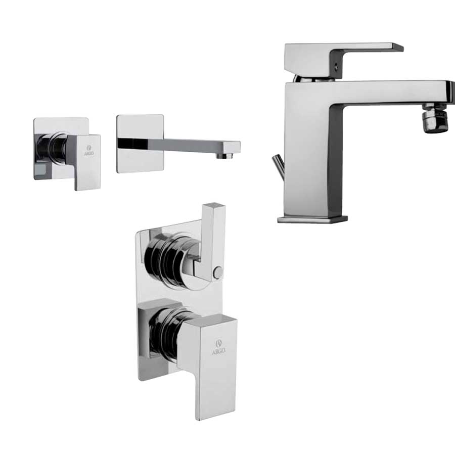 Set di rubinetti quadrati per lavandino a muro, bidet e doccia con deviatore finitura cromata collezione More di Argo Rubinetterie