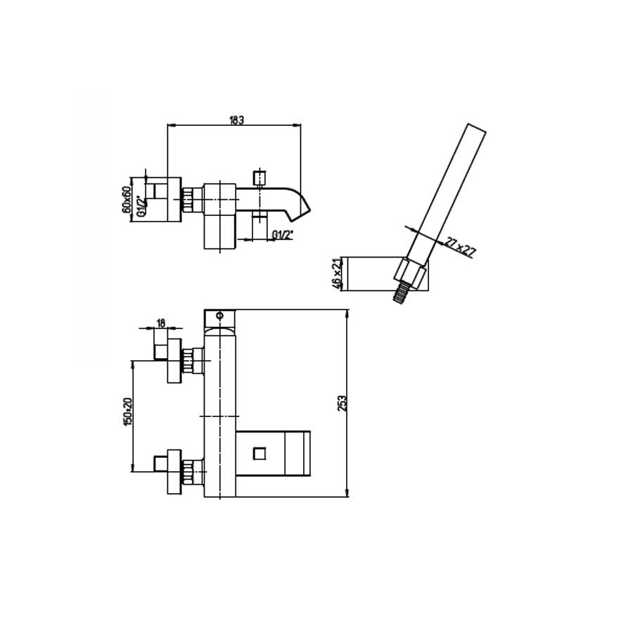 Set di rubinetti quadrati per lavandino a muro, bidet e vasca con set Doccia finitura cromata collezione More di Argo Rubinetterie 6