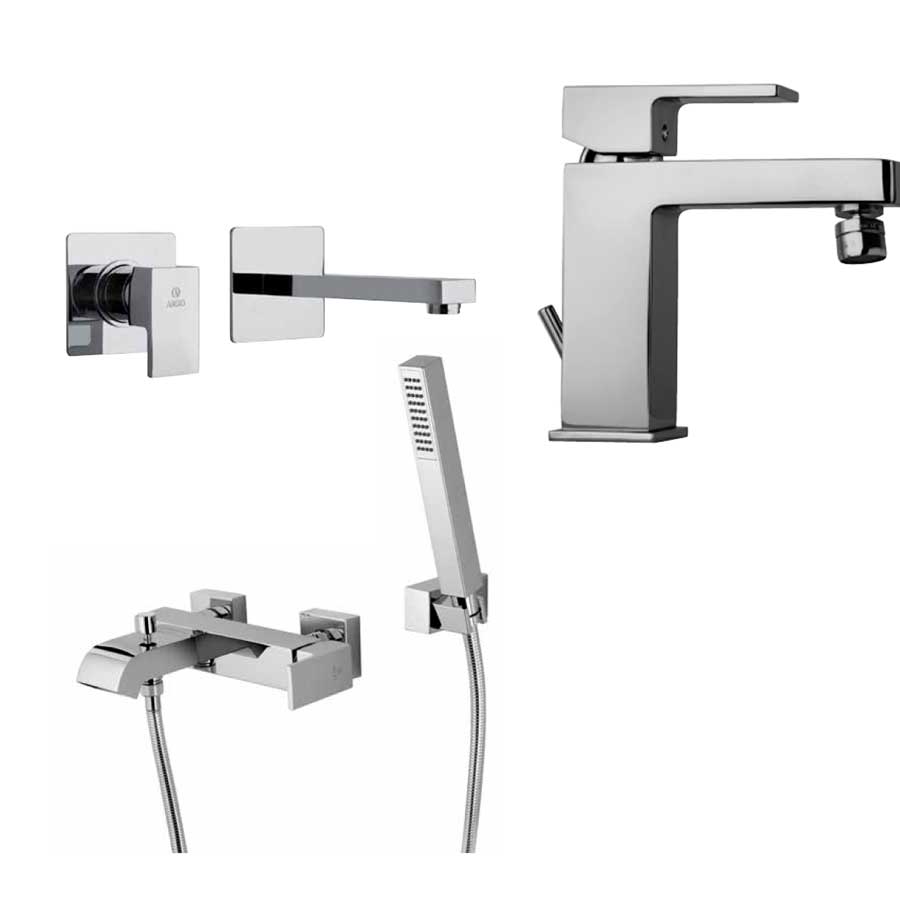 Set di rubinetti quadrati per lavandino a muro, bidet e vasca con set Doccia finitura cromata collezione More di Argo Rubinetterie