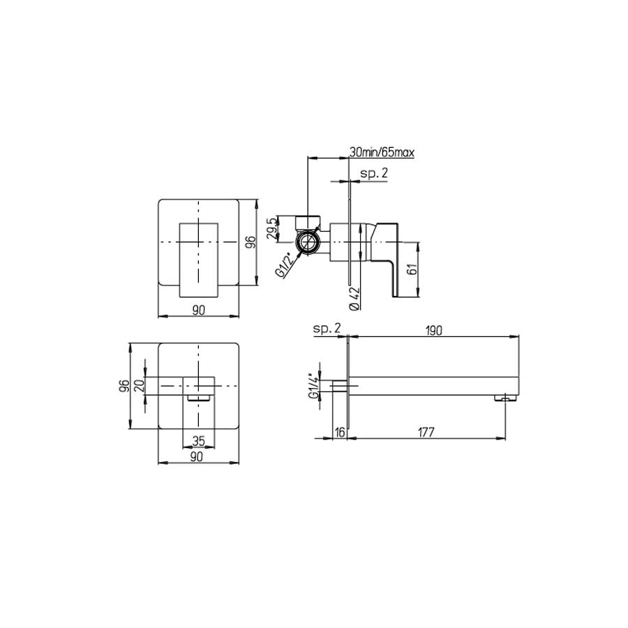 Set di miscelatori di forma quadrata per lavabo a muro, bidet e doccia esterno finitura cromata collezione More di Argo Rubinetterie 6