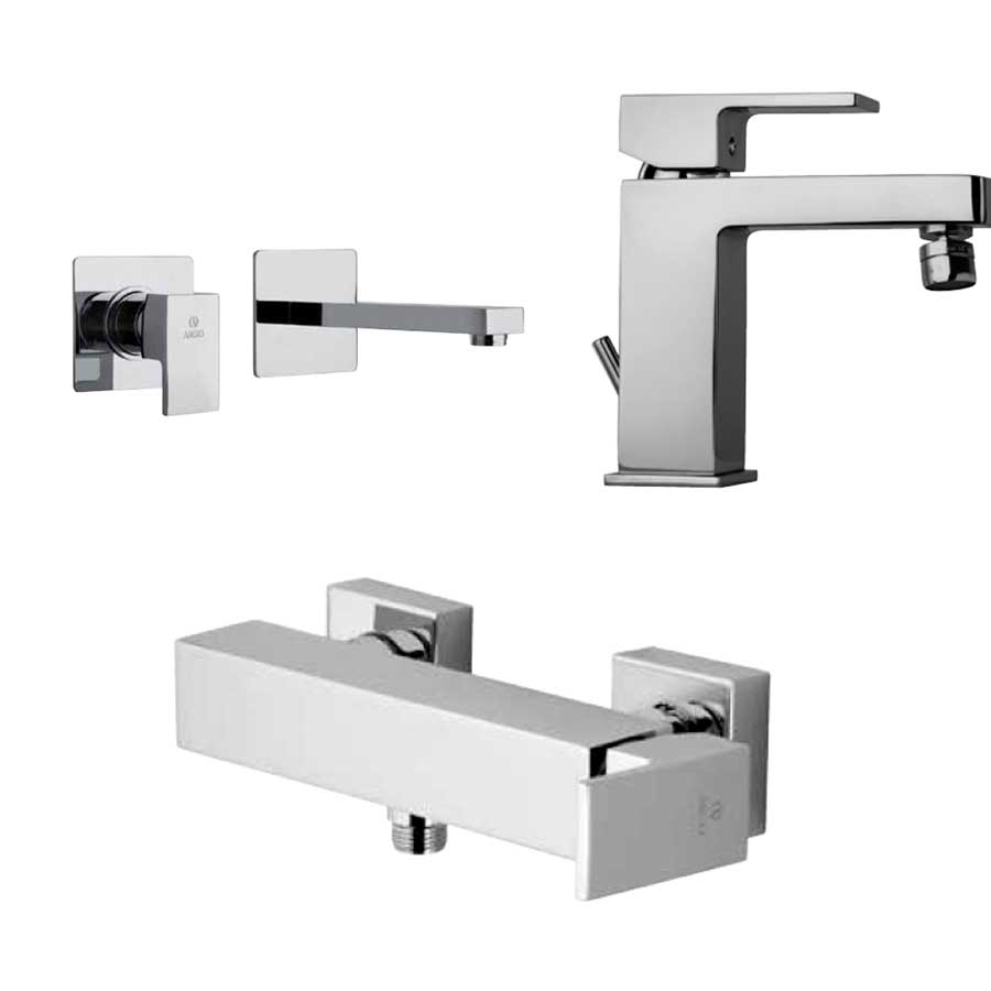 Set di miscelatori di forma quadrata per lavabo a muro, bidet e doccia esterno finitura cromata collezione More di Argo Rubinetterie