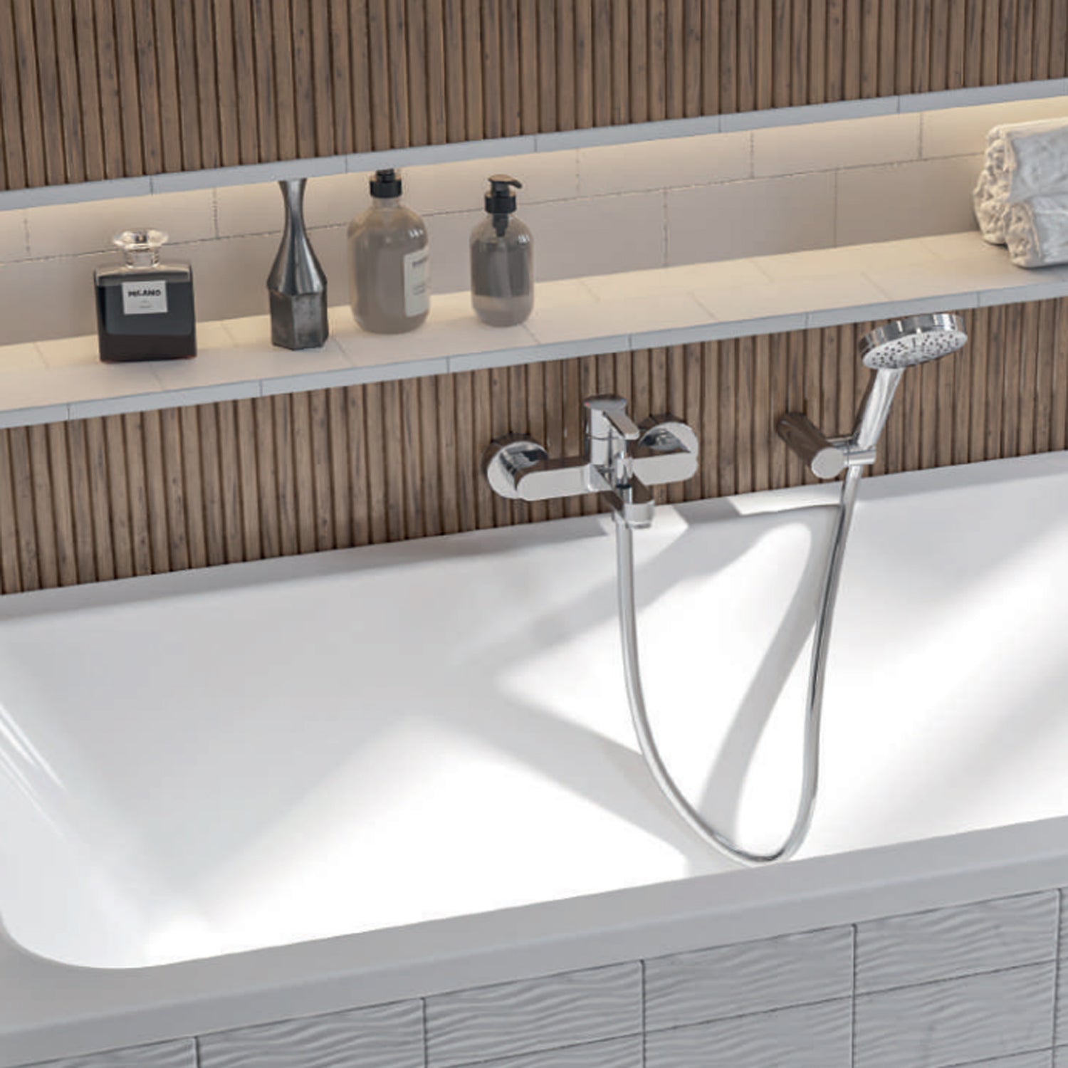  Miscelatore monocomando per vasca con kit doccino RubiFlux serie Lume - Nickel by CeramicStore | Lo specialista del tuo bagno