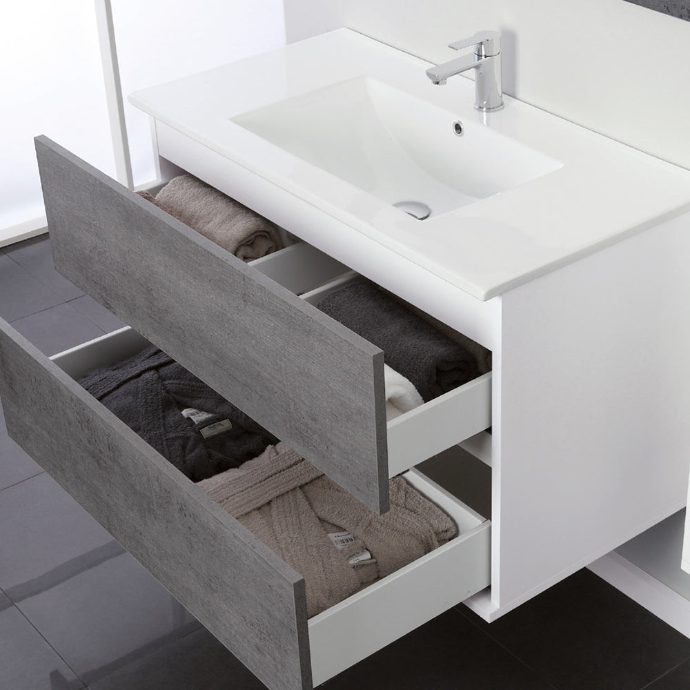 Composizione bagno sospesa Cubi&Co Favola con lavabo e specchio cm 90 - Bianco e Cemento 4
