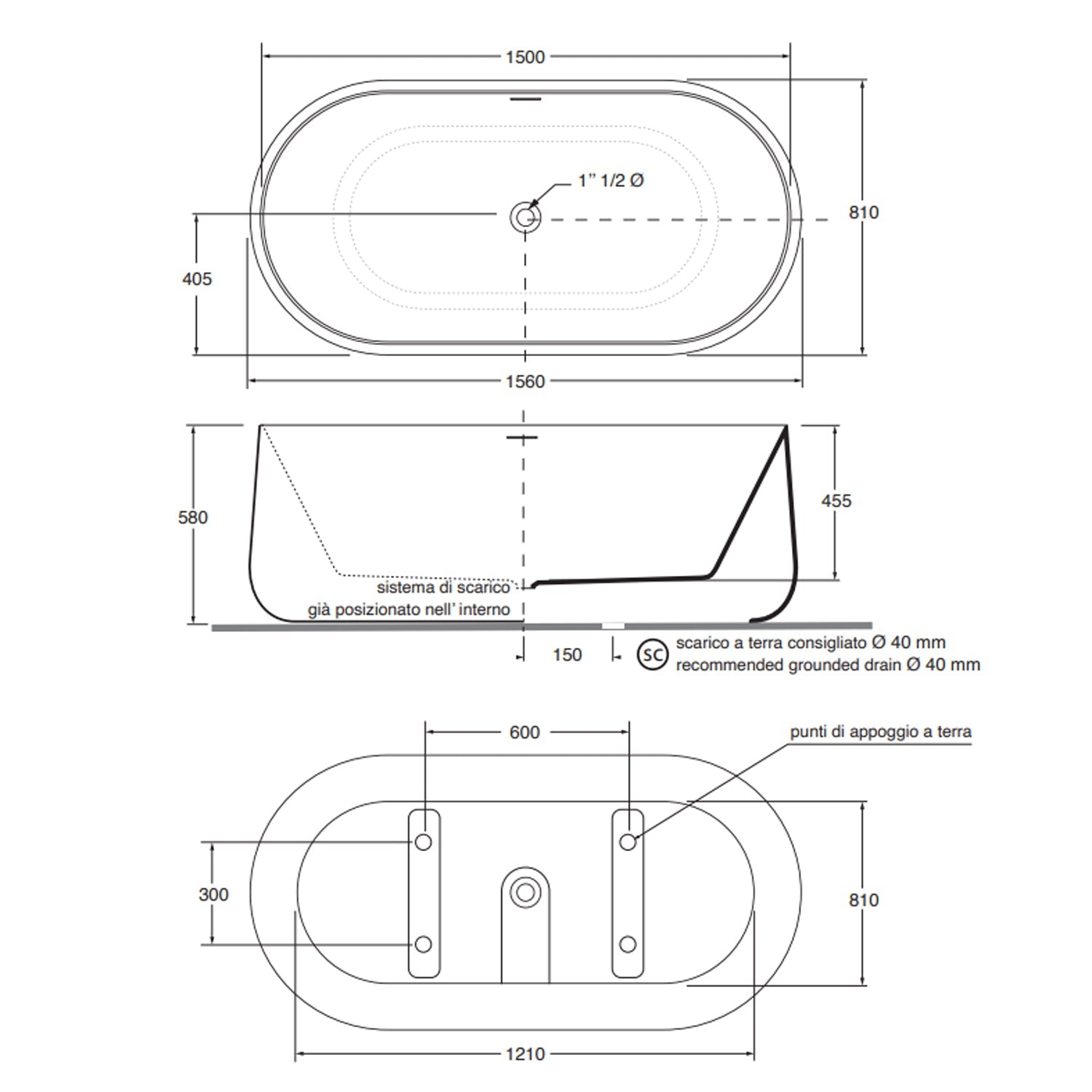  Vasca da bagno Azzurra serie Aurea 155x80x58 cm - Bianco lucido by CeramicStore | Lo specialista del tuo bagno