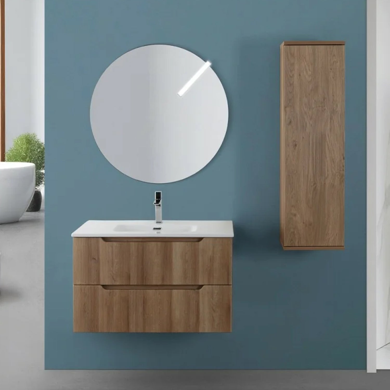 Composizione bagno sospesa Cubi&Co serie Cannes 80 cm con lavabo in ceramica e specchio tondo - Rovere riviera