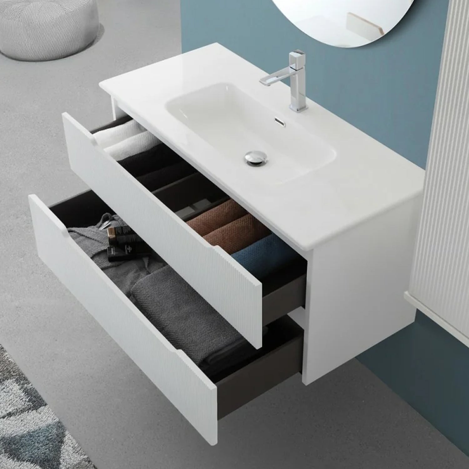 900291 - Composizione bagno sospesa Cubi&Co serie Cannes 80 cm con lavabo in ceramica e specchio tondo - Bianco Opaco 4