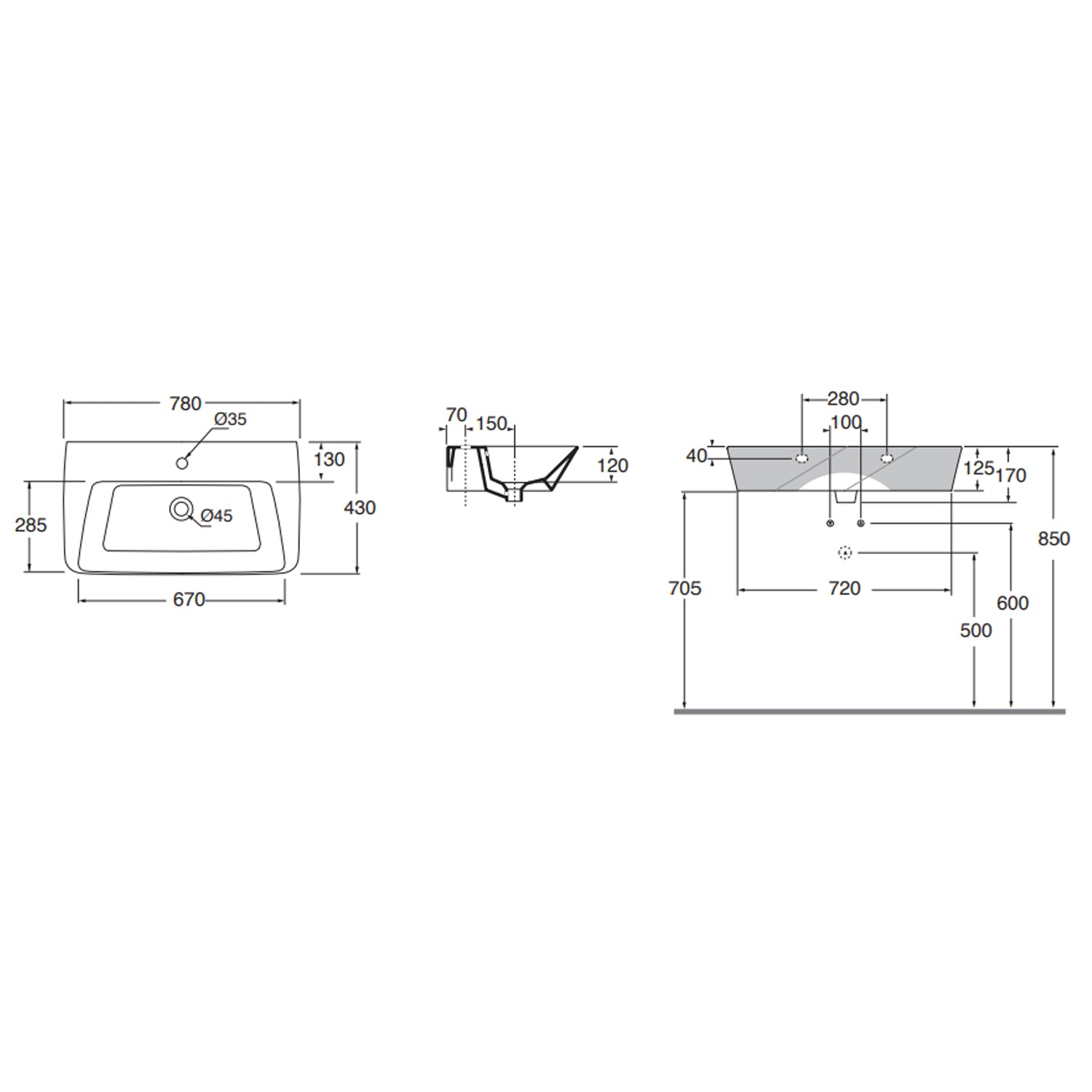 Lavabo sospeso o da appoggio Ceramica Azzurra serie Hera 78x43x14,5 cm - Bianco lucido 2