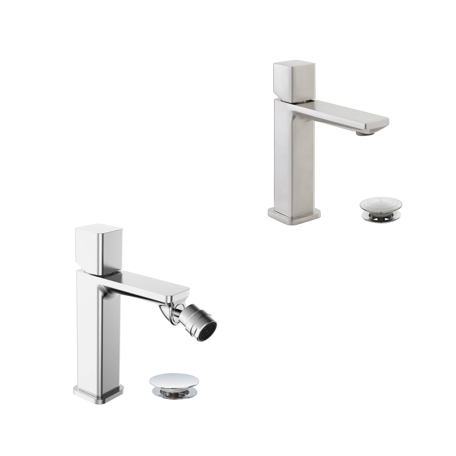 Kit miscelatore lavabo + bidet  RubiFlux serie Lilium Modello Grey con piletta clic-clac - Nickel spazzolato