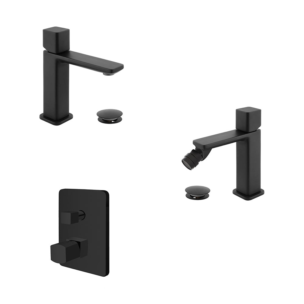 Kit miscelatore lavabo + bidet + doccia a due vie RubiFlux serie Lilium Modello Black con piletta clic-clac - Nero Opaco