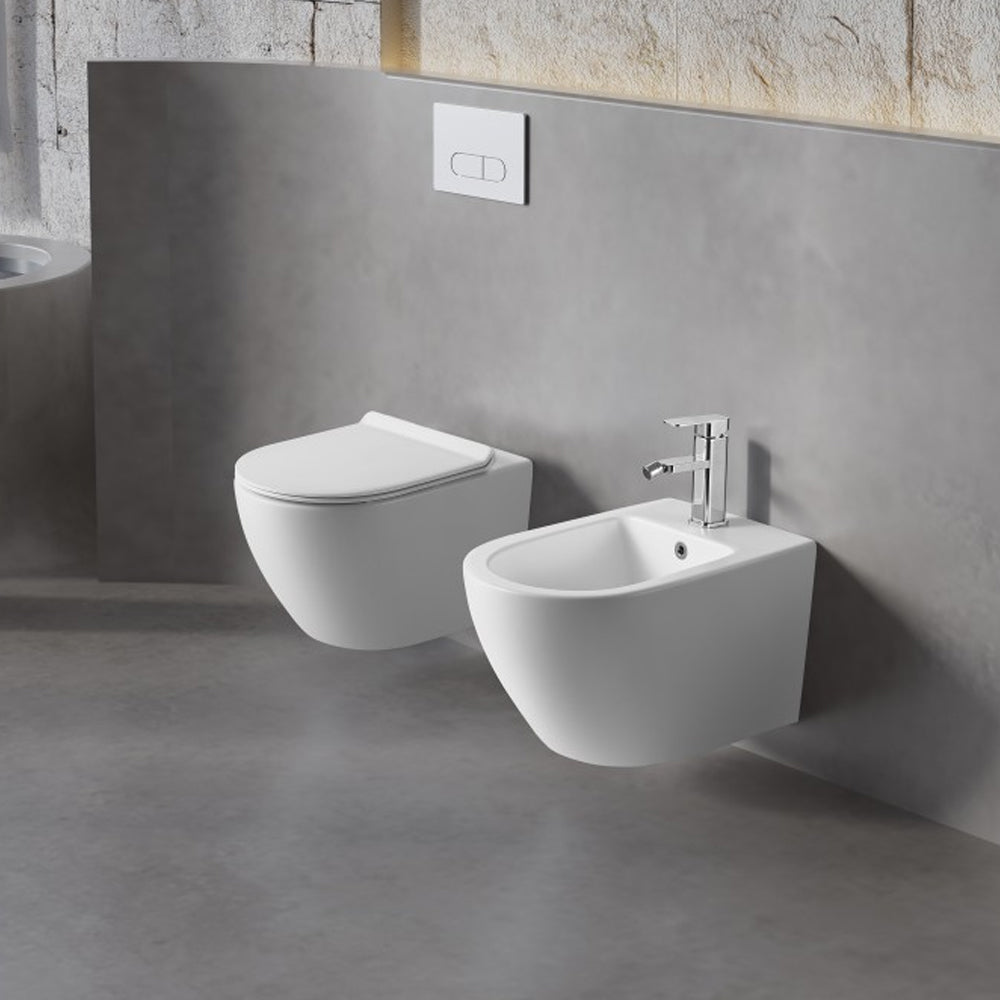 Set sanitari sospesi Vaso rimless + bidet + Copriwater flat soft close Serie LineaM Bathcore Ceramica - Bianco Opaco