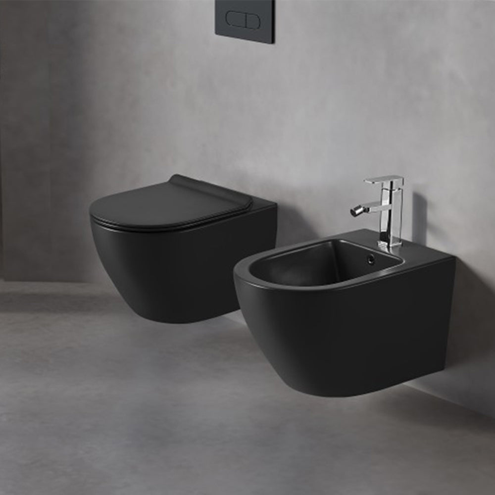 Set sanitari sospesi Vaso rimless + bidet + Copriwater flat soft close Serie LineaM Bathcore Ceramica - Nero Opaco