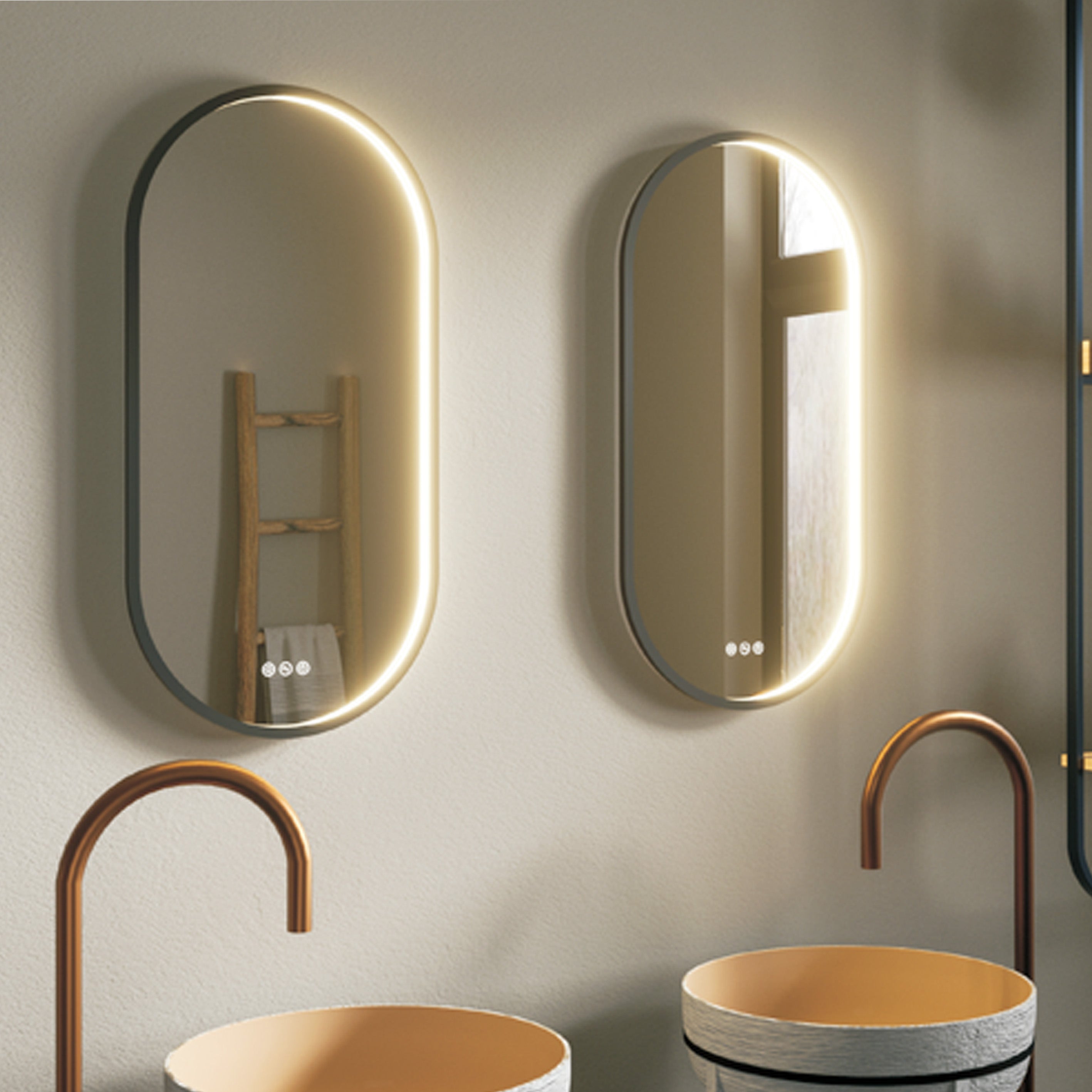 Specchio ovale con cornice nera e led Eterea 40x80 con antifog manuale e 3 tonalità di luce by CeramicStore | Lo specialista del tuo bagno