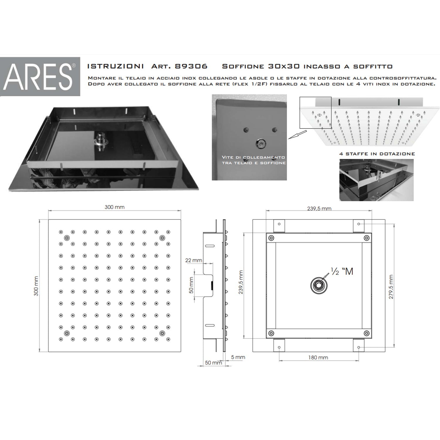  Soffione doccia acciaio inox quadrato 30X30 lucidato a specchio anticalcare by CeramicStore | Lo specialista del tuo bagno