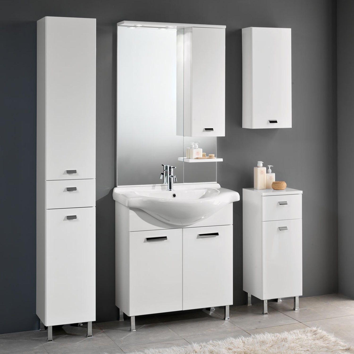 Mobile bagno a terra modello Rimini05 cm 135x195x47 laccato lucido bianco by CeramicStore | Lo specialista del tuo bagno
