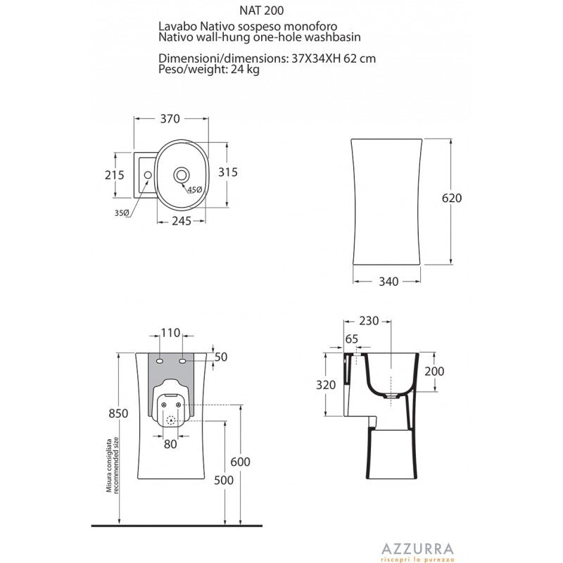  Lavabo lavamani sospeso Nativo Ceramica Azzurra senza foro rubinetto - Bianco lucido by CeramicStore | Lo specialista del tuo bagno