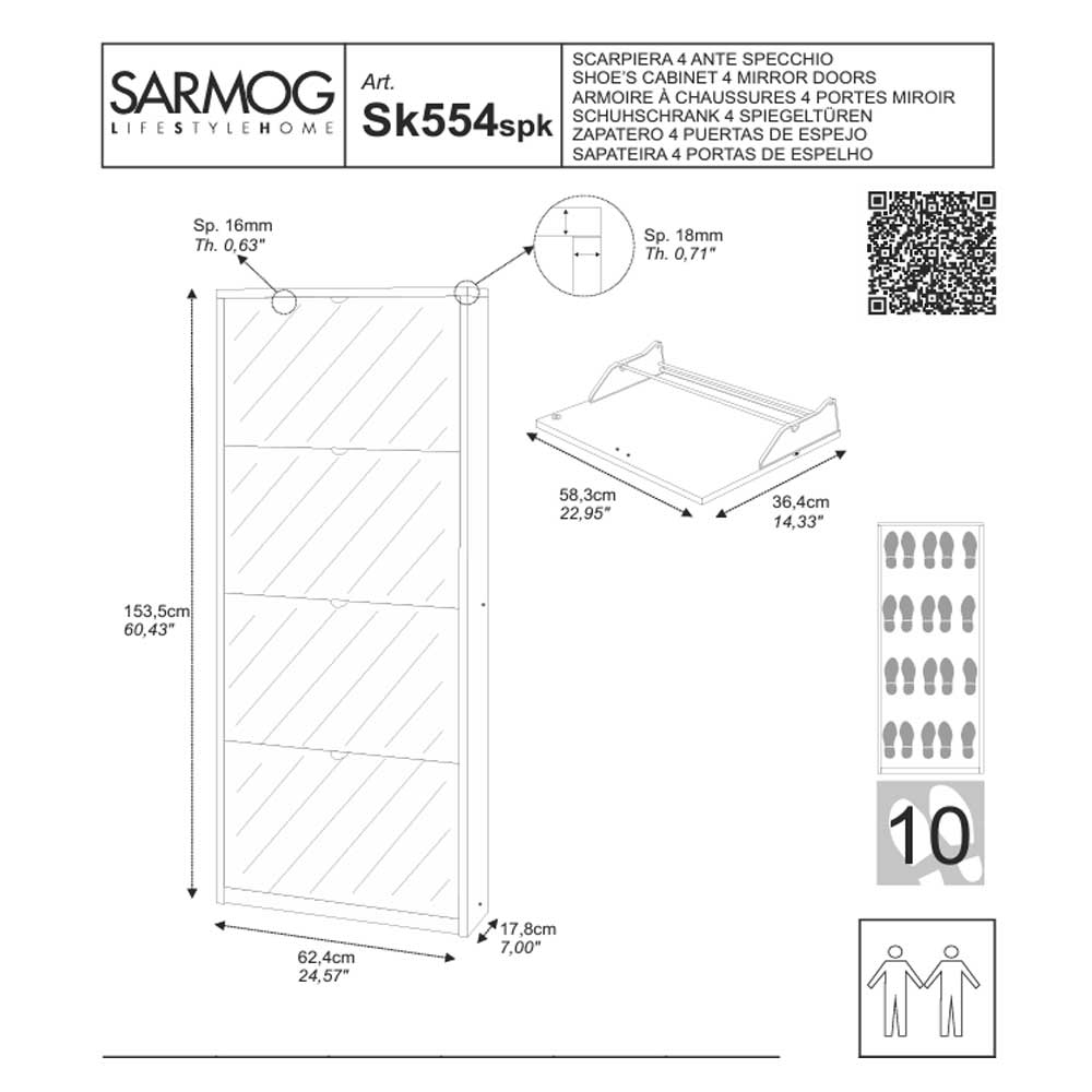  Elegante scarpiera a 4 ante con maniglia satinata finitura Cemento e Frontale a Specchio Naturale by Sarmog by CeramicStore | Lo specialista del tuo bagno